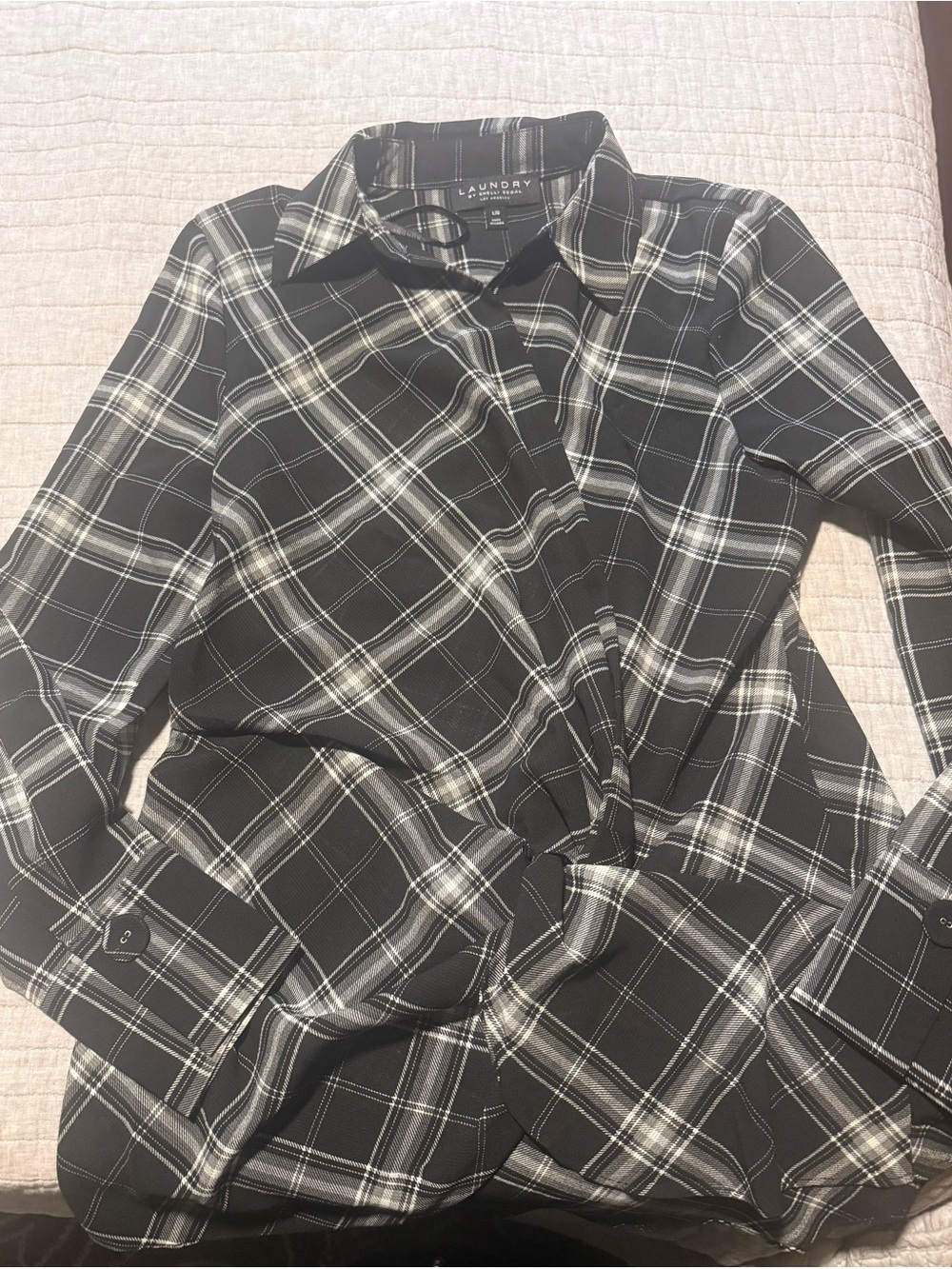 Laundry by Shelli Segal Black & White Plaid Twist-Front Blouse, Size L - Picture 4 of 4